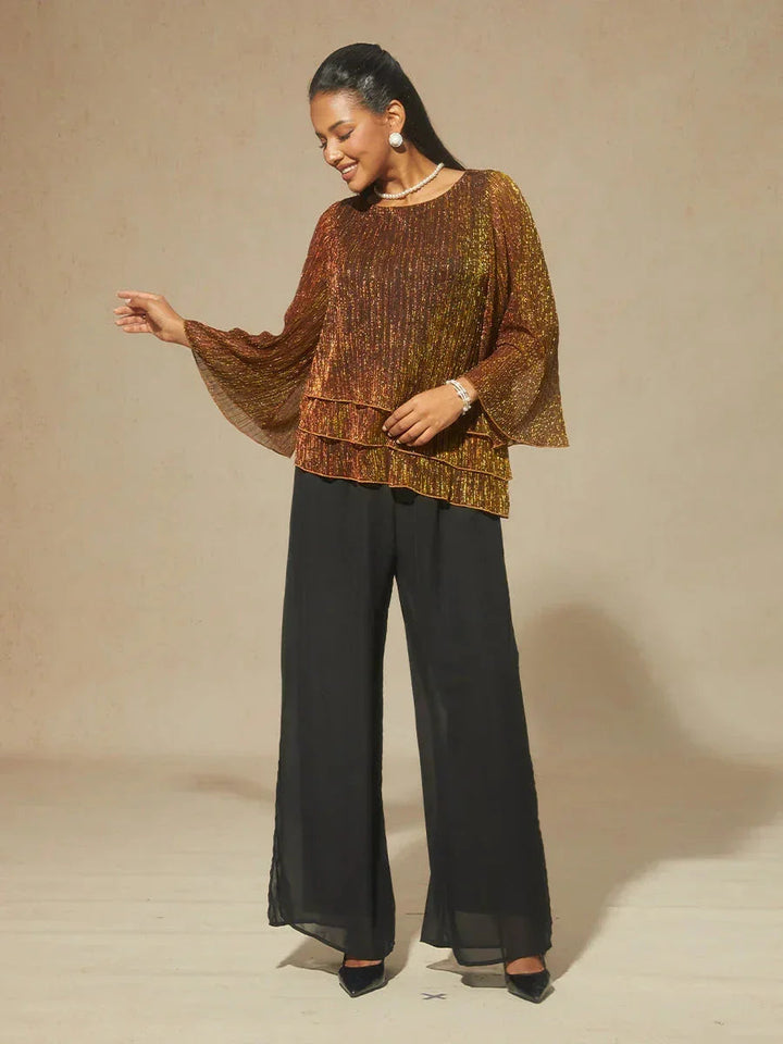 Metallic Pleated Chiffon Asymmetrical Layered Blouse