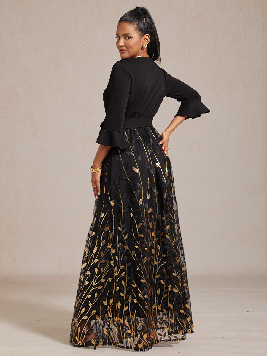 High-Waist A-Line Dress with Sequin Embroidery