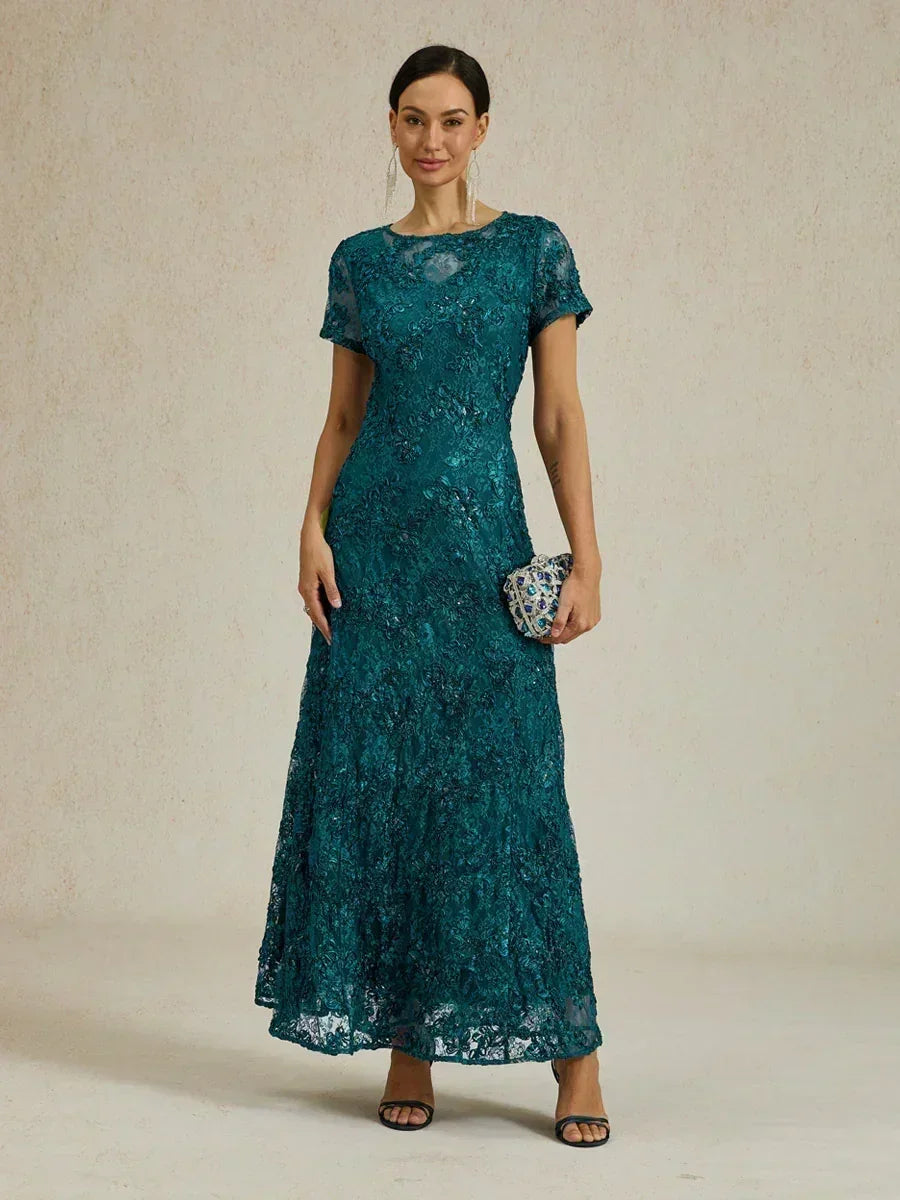 Rosette Lace A-Line Gown with Sequin Embellishment