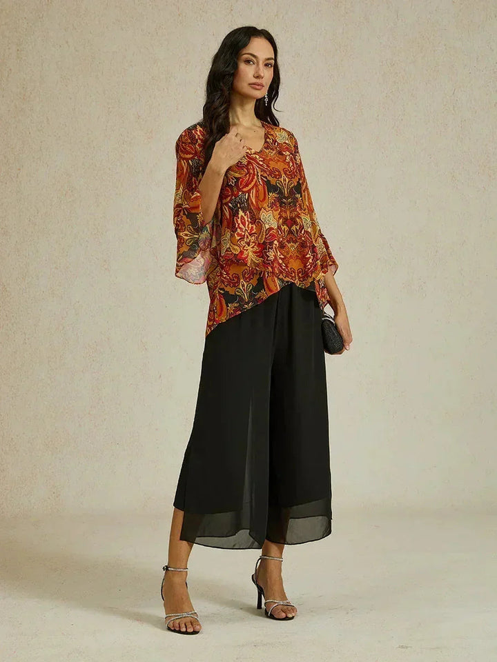 Cropped Length Straight Leg Pant With Chiffon Split Leg Overlay