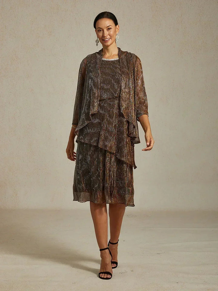 Metallic Pleated Chiffon Long Jacket with Layered Design