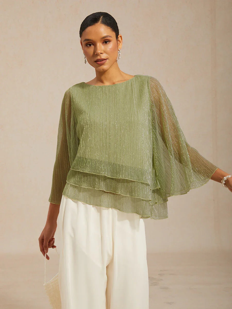 Metallic Pleated Chiffon Asymmetrical Layered Blouse