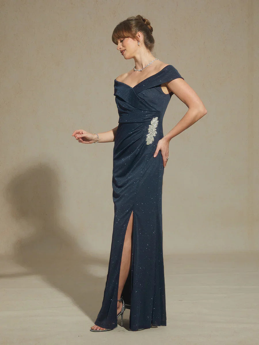 Off-Shoulder Floor-Length Gown with Rhinestone Detail