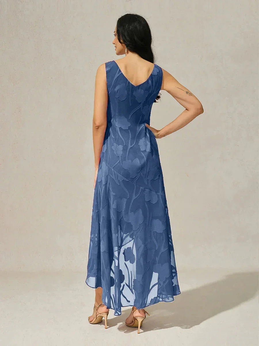 Navy Floral Chiffon Evening Gown with Asymmetrical Hem