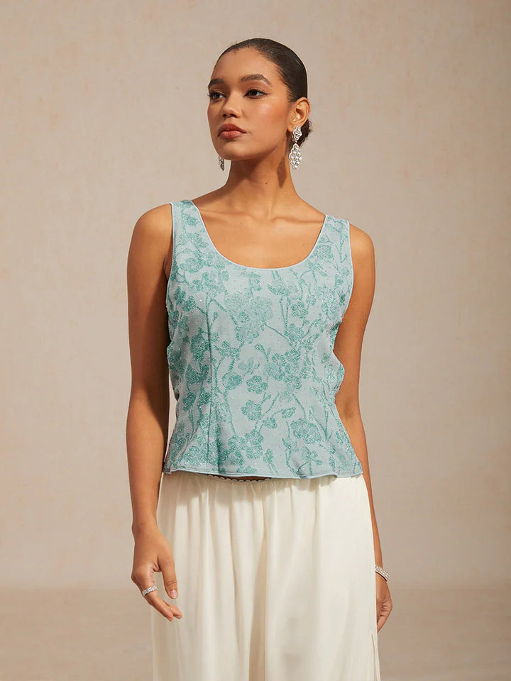 Floral Knit Jacquard Mandarin Collar Twinset