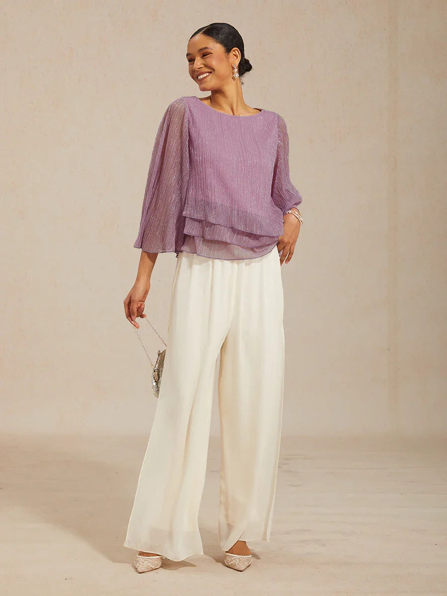 Metallic Pleated Chiffon Asymmetrical Layered Blouse