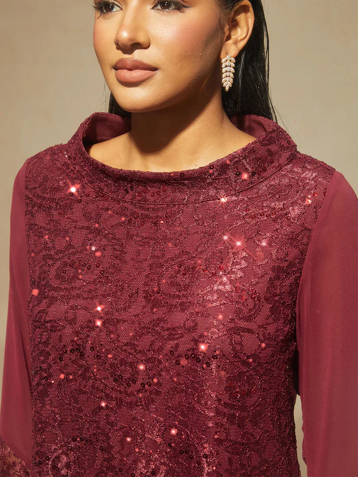 Lace Sequin Tunic Top with Ruffled Sleeves