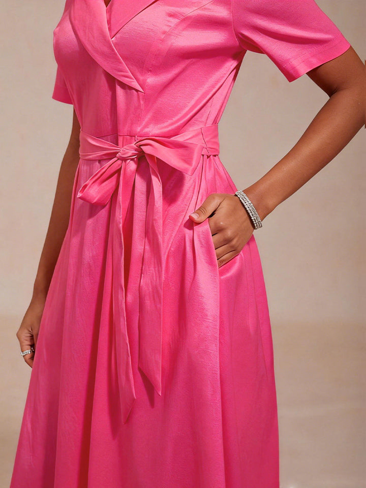 Collar Stretch Taffeta Dress with Tie Waist Belt