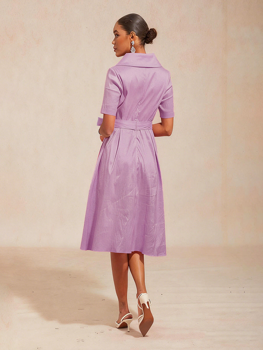 Collar Stretch Taffeta Dress with Tie Waist Belt