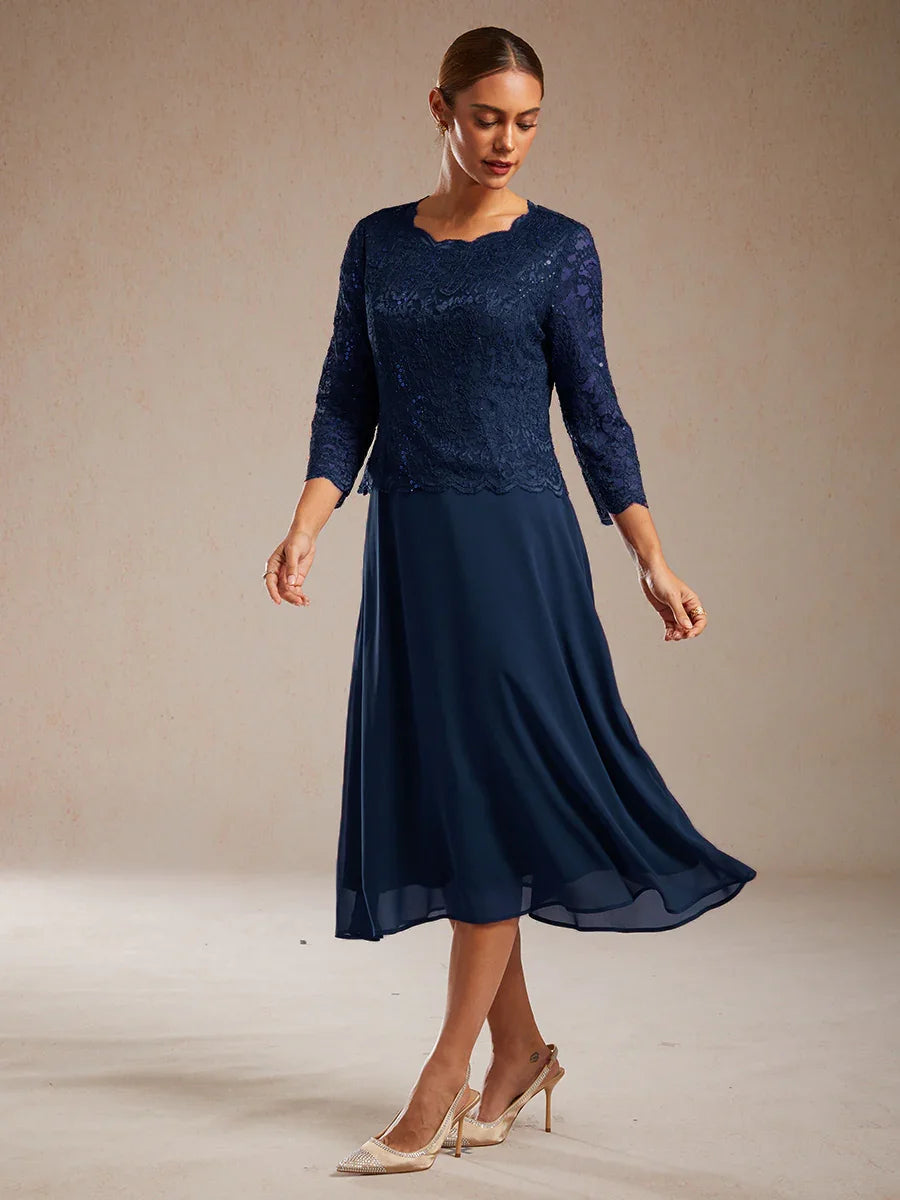 Elegant Lace and Chiffon Tea-Length Dress