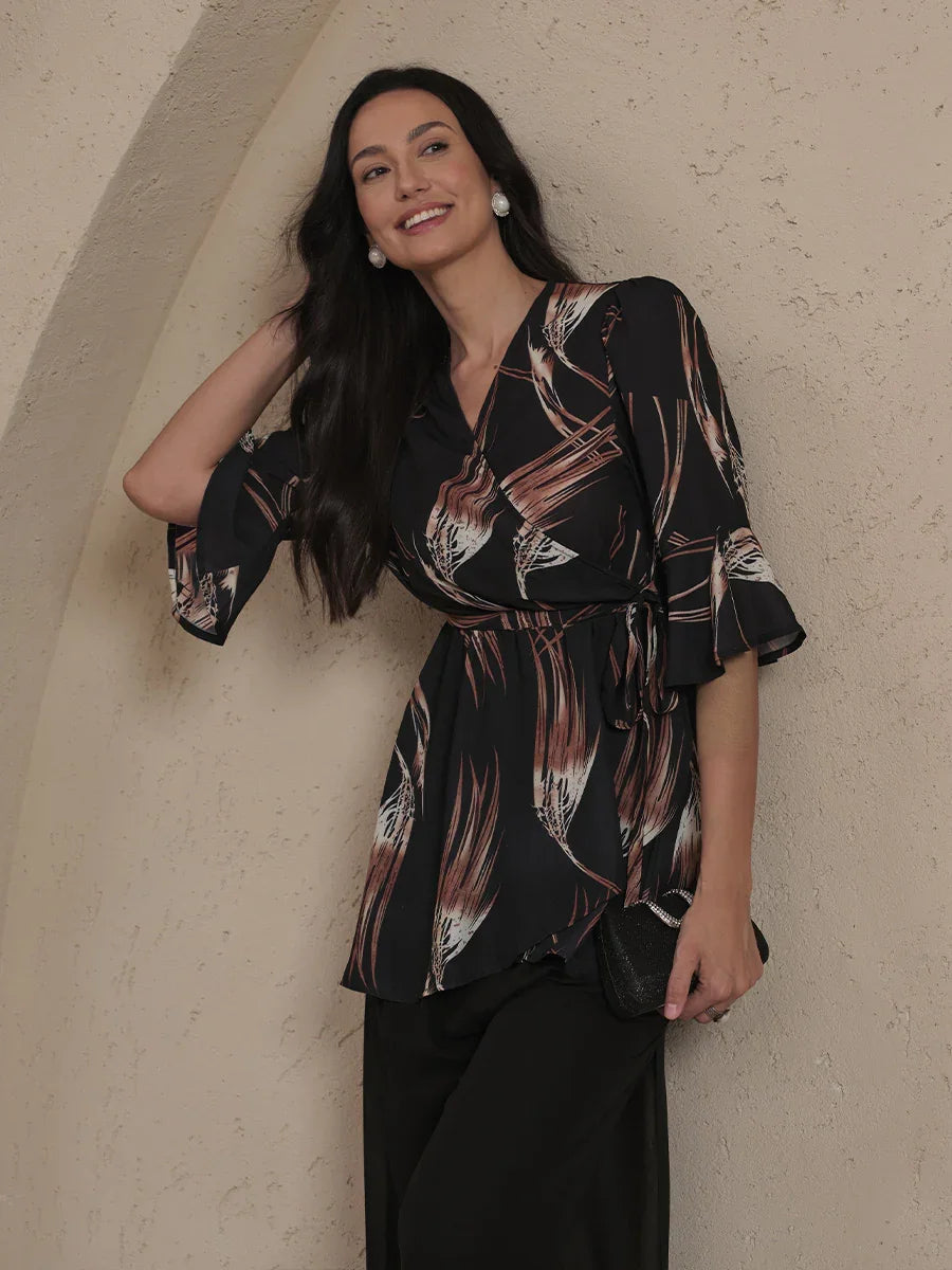 V-neck Long Tunic Blouse with Flutter Sleeves