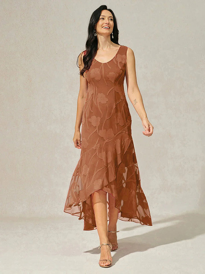 Navy Floral Chiffon Evening Gown with Asymmetrical Hem