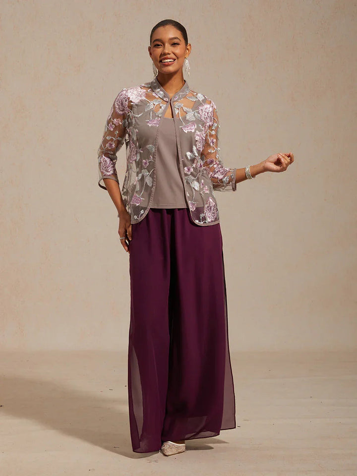 Floral Embroidered Mandarin Collar Twinset