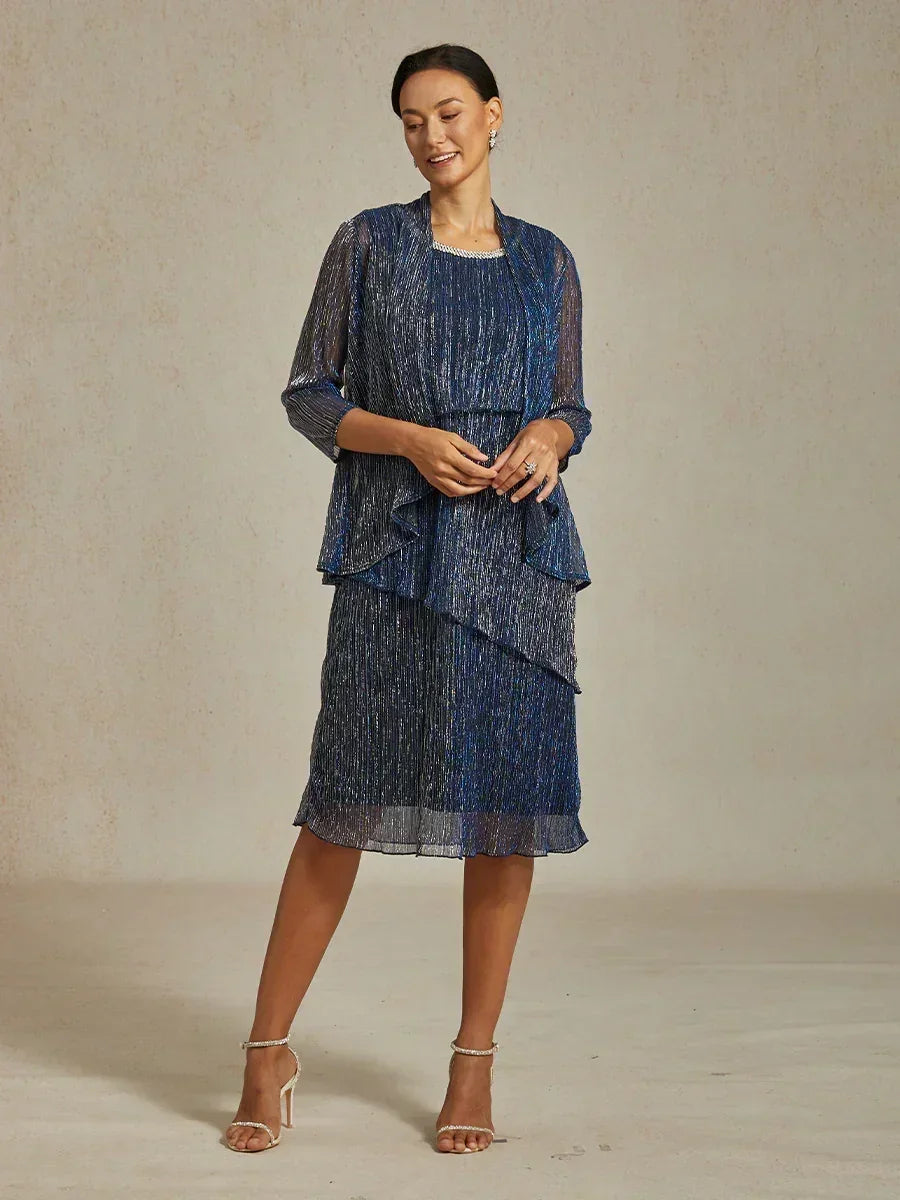 Metallic Pleated Chiffon Long Jacket with Layered Design