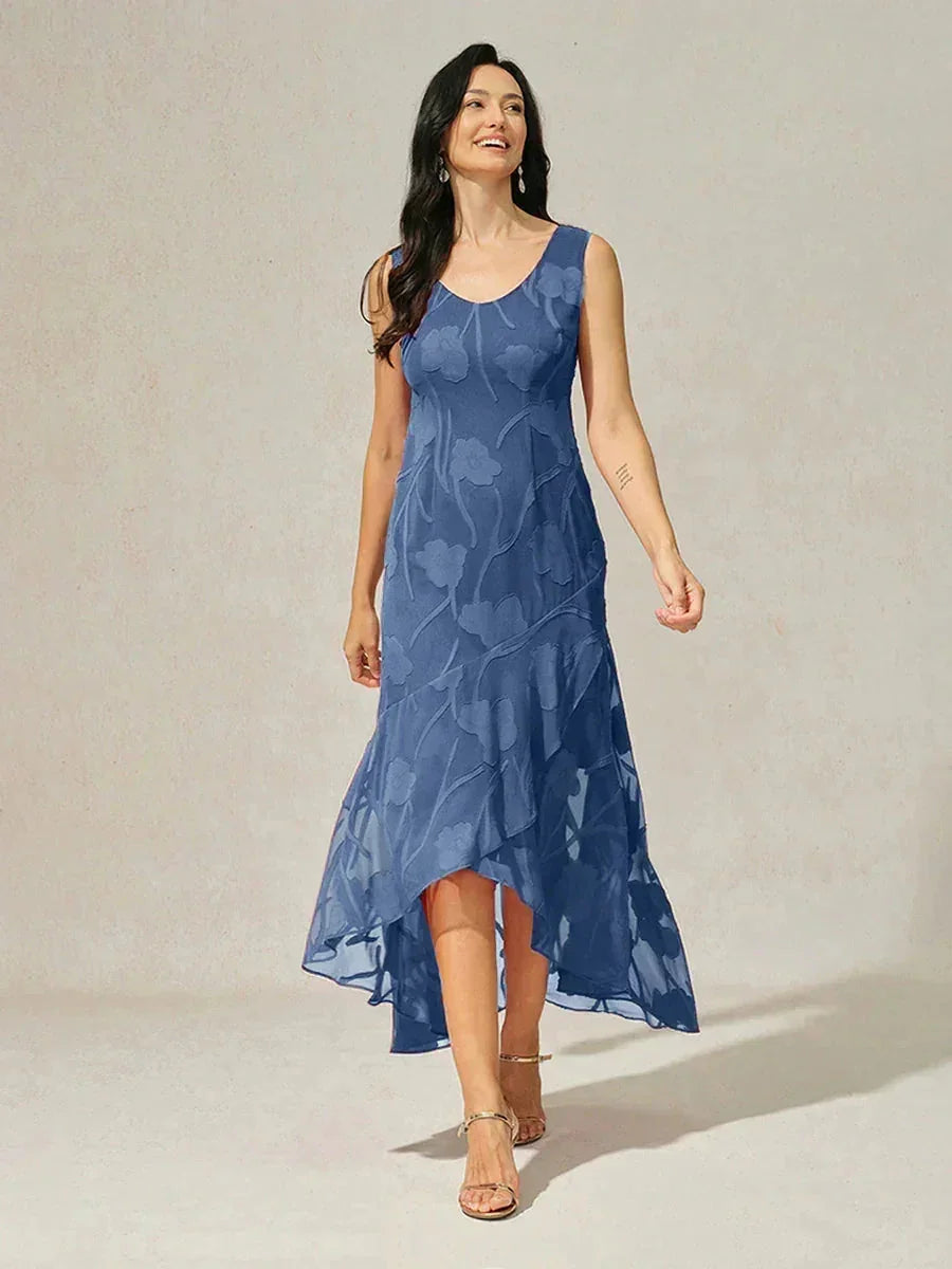 Navy Floral Chiffon Evening Gown with Asymmetrical Hem