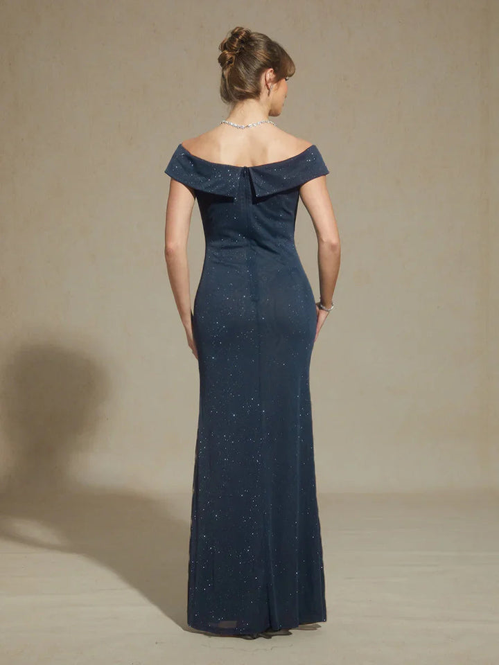 Off-Shoulder Floor-Length Gown with Rhinestone Detail