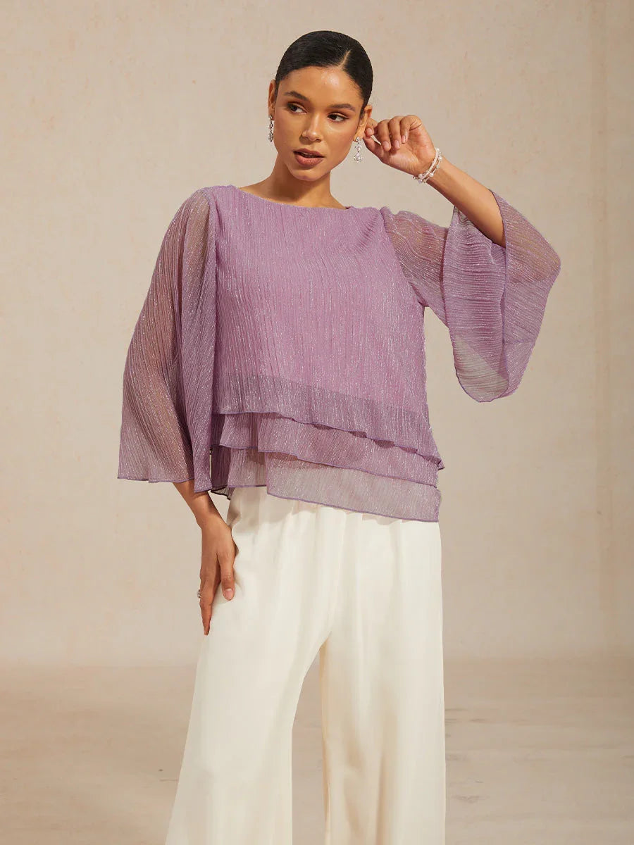 Metallic Pleated Chiffon Asymmetrical Layered Blouse