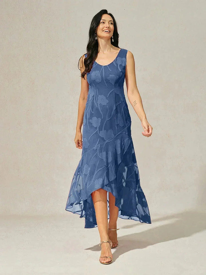 Navy Floral Chiffon Evening Gown with Asymmetrical Hem