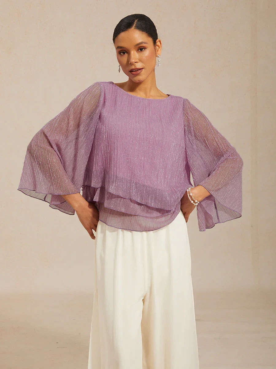 Metallic Pleated Chiffon Asymmetrical Layered Blouse
