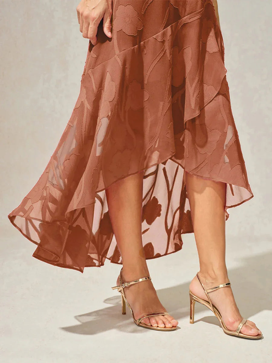 Navy Floral Chiffon Evening Gown with Asymmetrical Hem