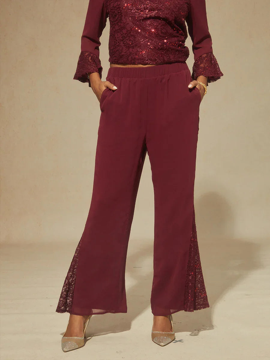 Mid-rise Chiffon Flared Pants with Lace Trim