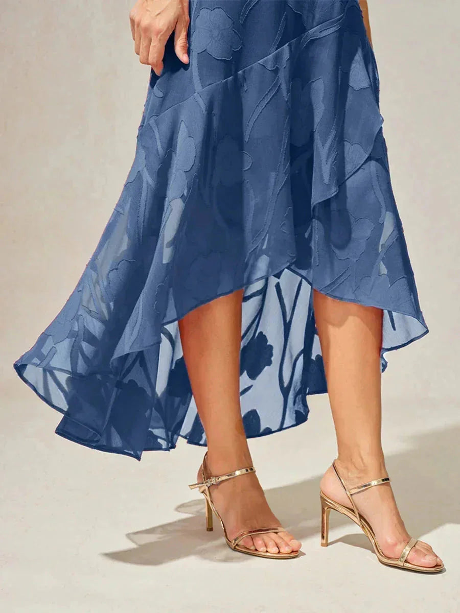Navy Floral Chiffon Evening Gown with Asymmetrical Hem