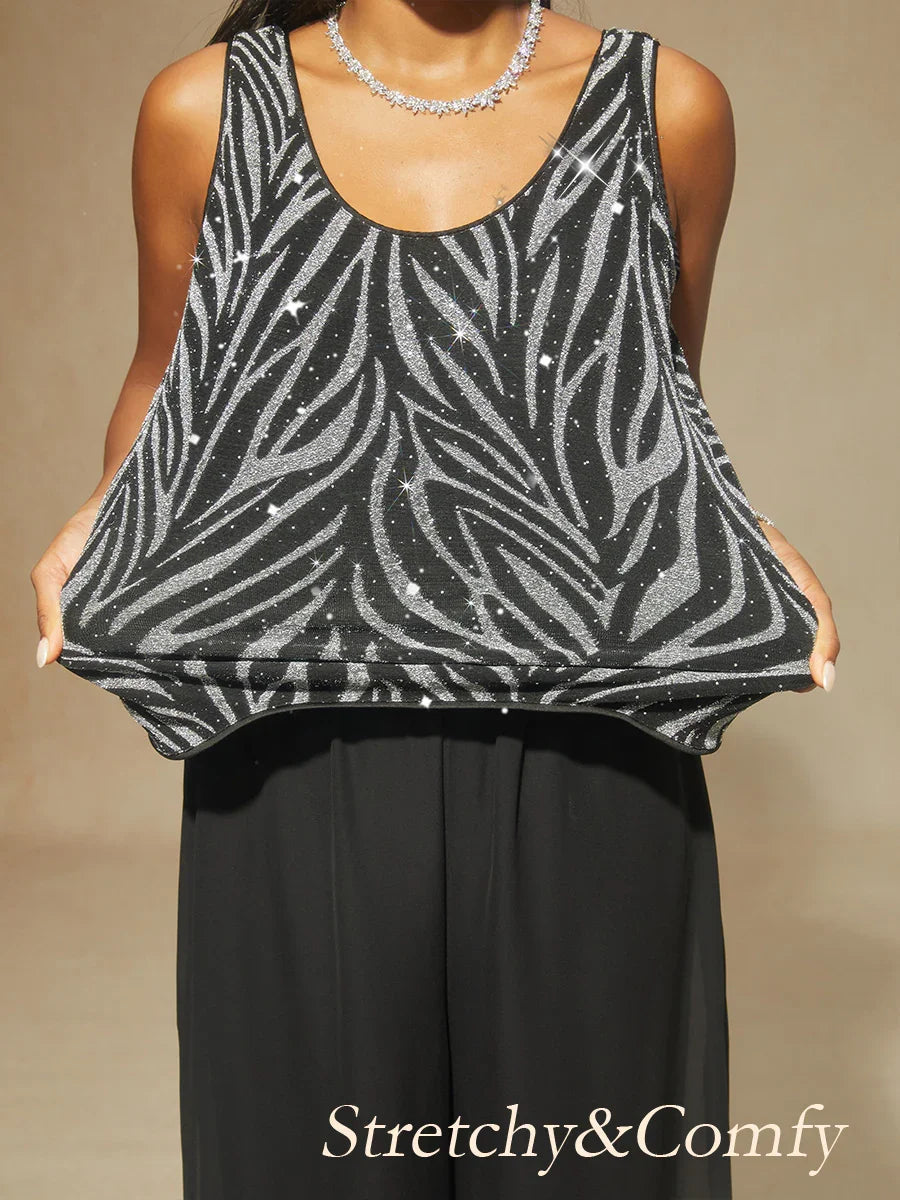 Elegant Mandarin Collar Twinset with Rhinestone-Embellished Zebra Print