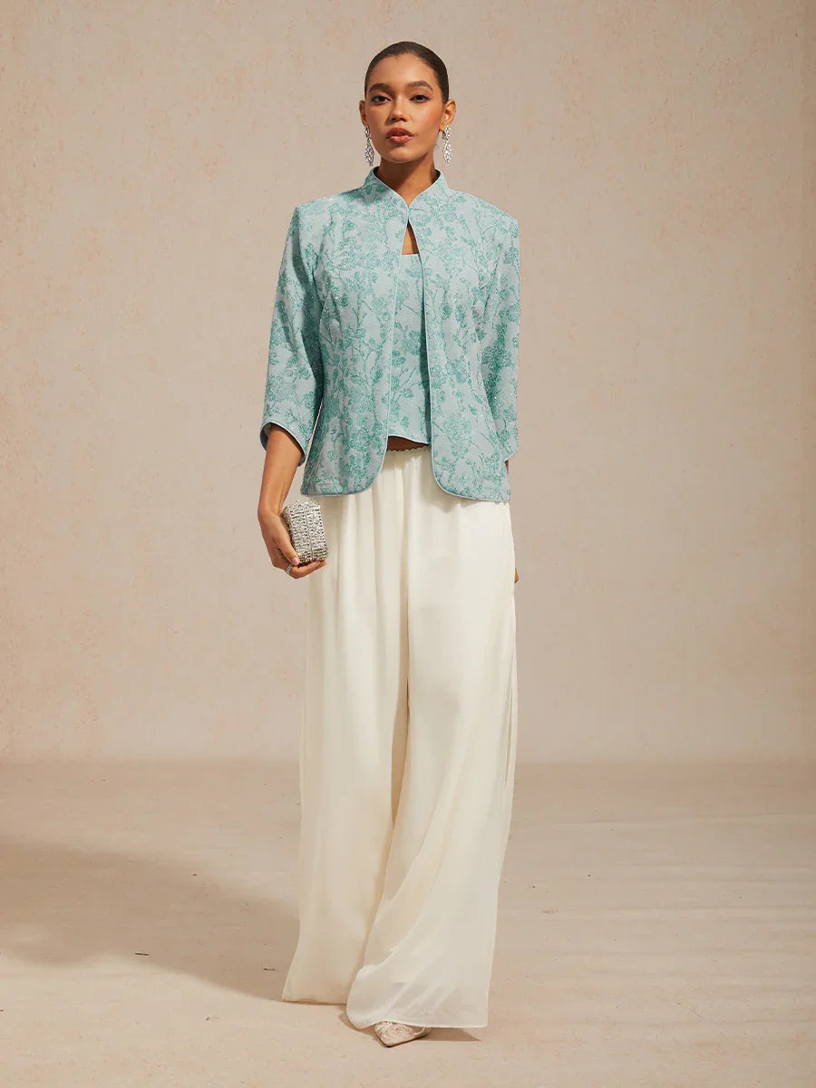 Floral Knit Jacquard Mandarin Collar Twinset