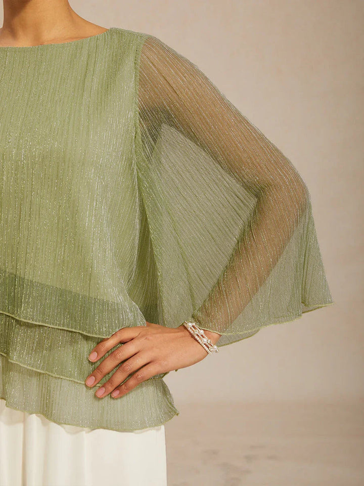 Metallic Pleated Chiffon Asymmetrical Layered Blouse