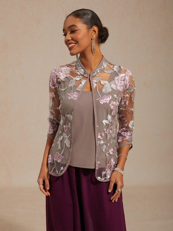Floral Embroidered Mandarin Collar Twinset