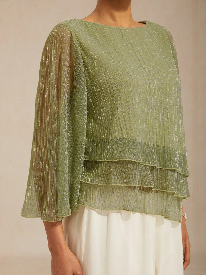 Metallic Pleated Chiffon Asymmetrical Layered Blouse