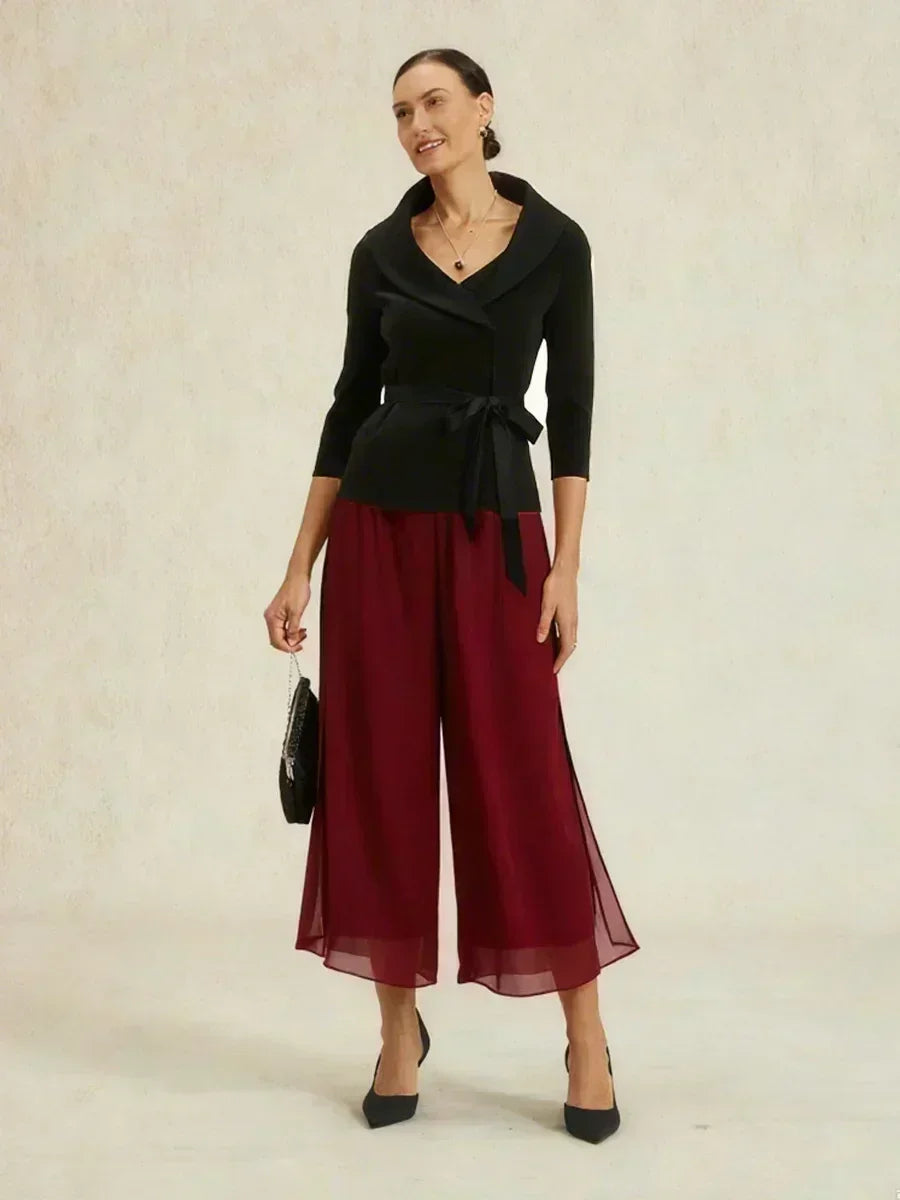 Cropped Length Straight Leg Pant With Chiffon Split Leg Overlay