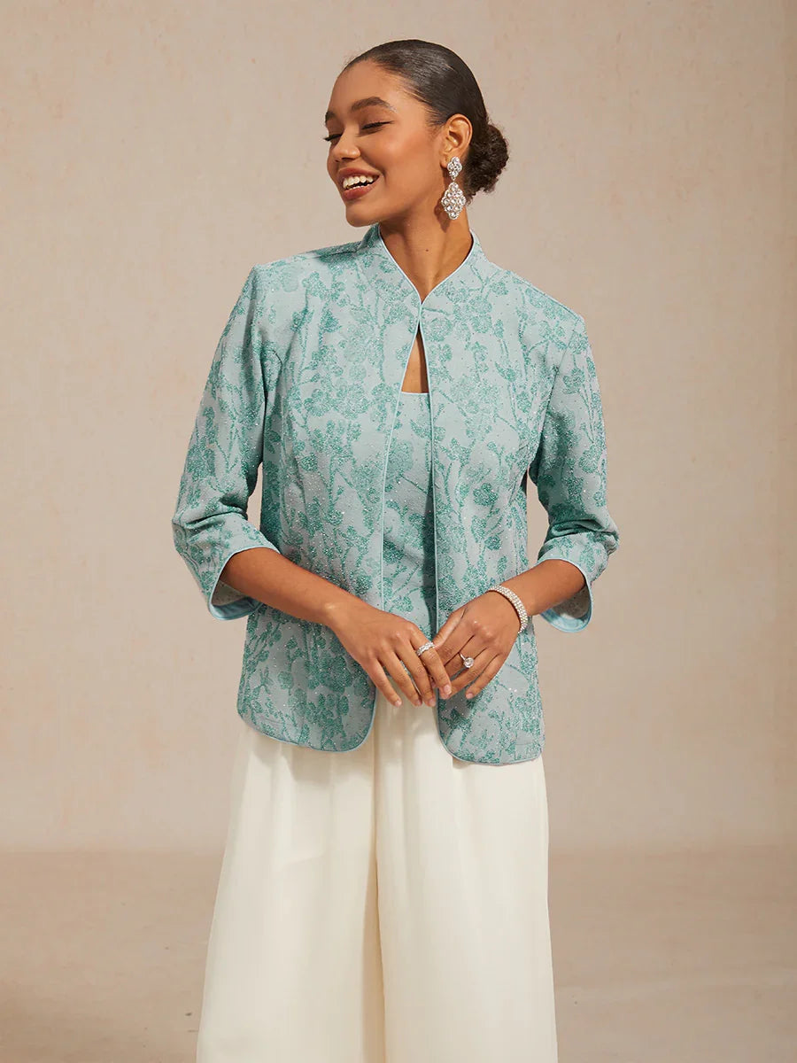 Floral Knit Jacquard Mandarin Collar Twinset