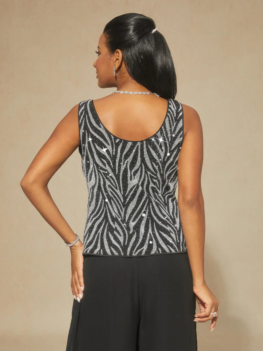 Elegant Mandarin Collar Twinset with Rhinestone-Embellished Zebra Print