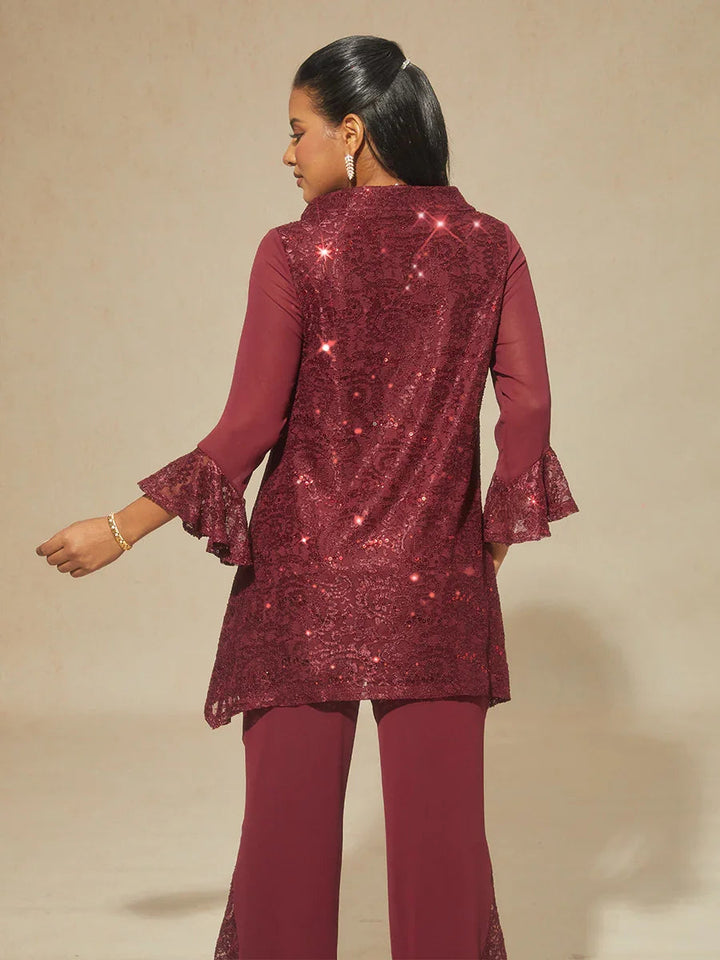 Lace Sequin Tunic Top with Ruffled Sleeves