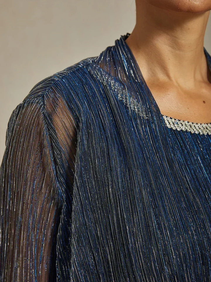 Metallic Pleated Chiffon Long Jacket with Layered Design