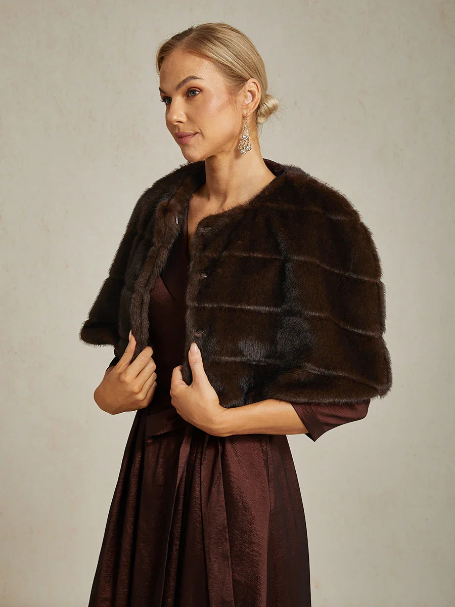 Brown Faux Fur Capelet with Rhinestone Hook-and-Eye Closure