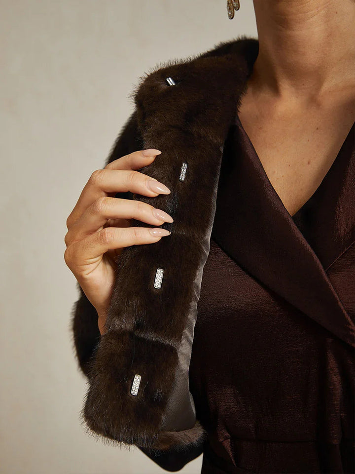 Brown Faux Fur Capelet with Rhinestone Hook-and-Eye Closure