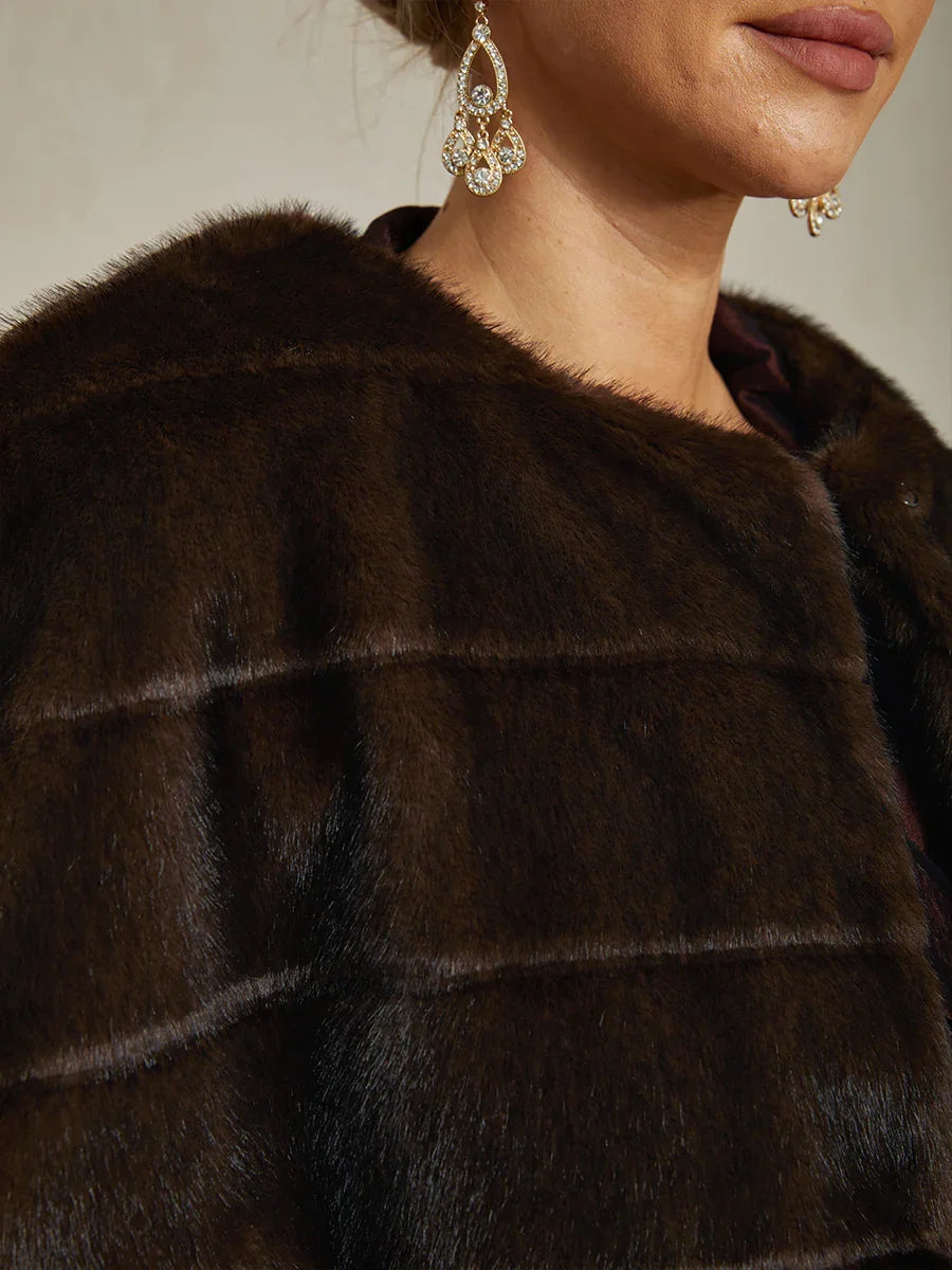 Brown Faux Fur Capelet with Rhinestone Hook-and-Eye Closure