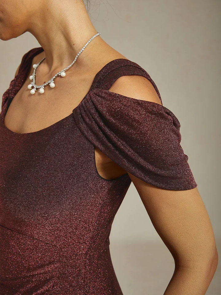 Cold Shoulder Glitter Metallic Knit Dress