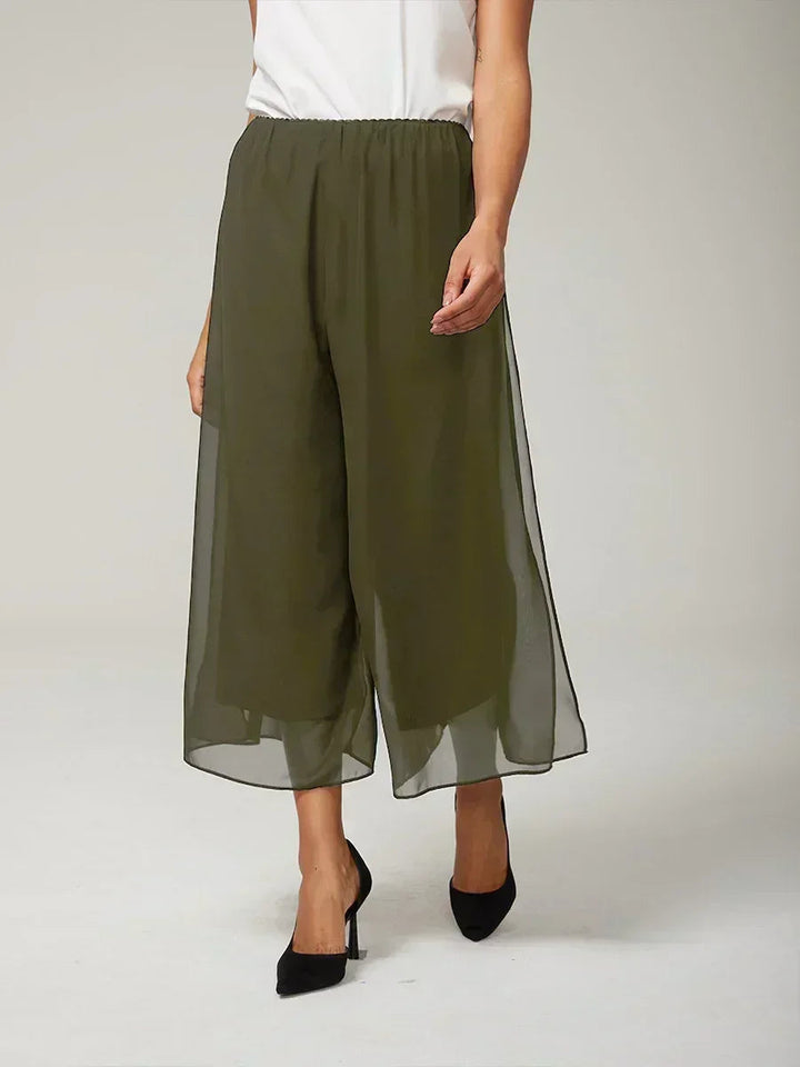 Cropped Length Straight Leg Pant With Chiffon Split Leg Overlay
