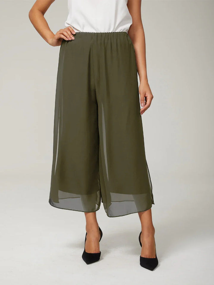 Cropped Length Straight Leg Pant With Chiffon Split Leg Overlay