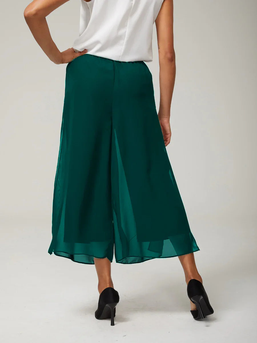 Cropped Length Straight Leg Pant With Chiffon Split Leg Overlay