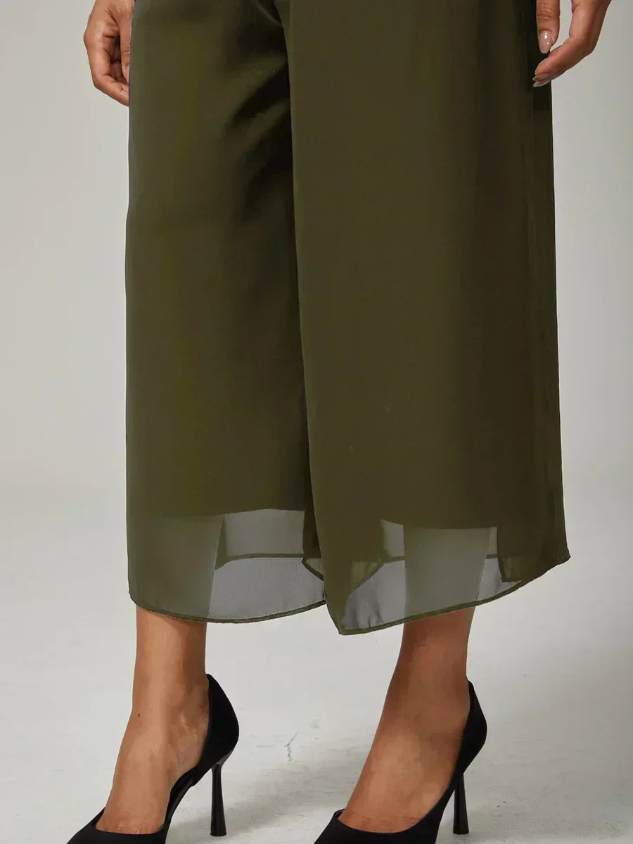 Cropped Length Straight Leg Pant With Chiffon Split Leg Overlay