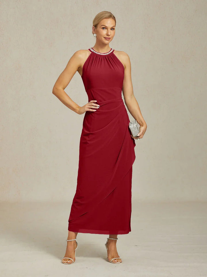 Elegant Beaded Halter Maxi Dress with Ruffle Detail
