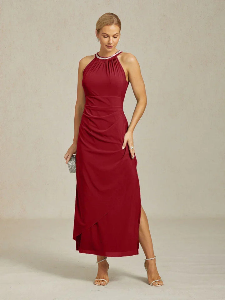 Elegant Beaded Halter Maxi Dress with Ruffle Detail