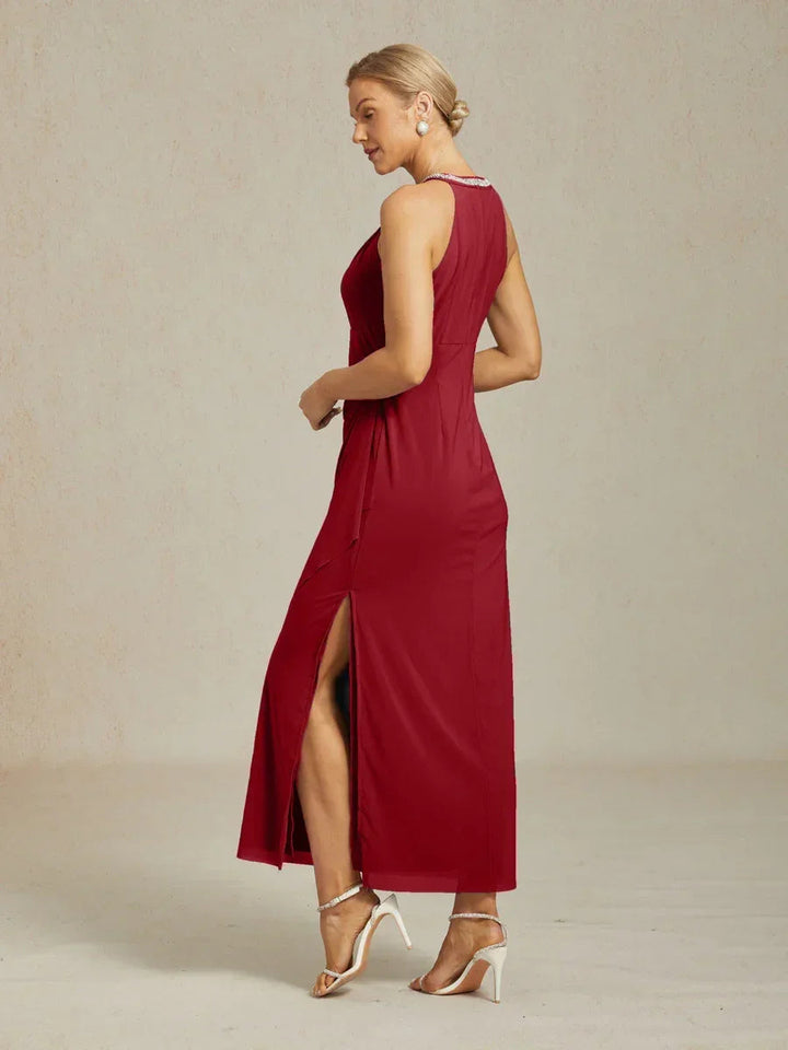 Elegant Beaded Halter Maxi Dress with Ruffle Detail