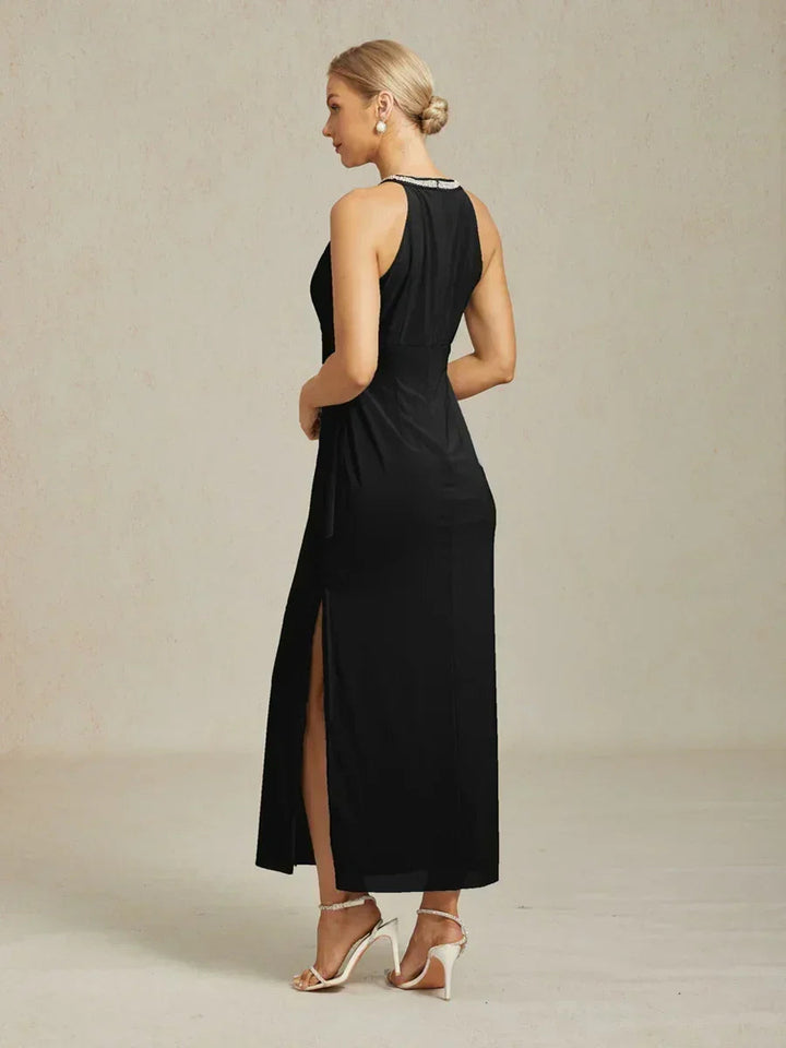 Elegant Beaded Halter Maxi Dress with Ruffle Detail