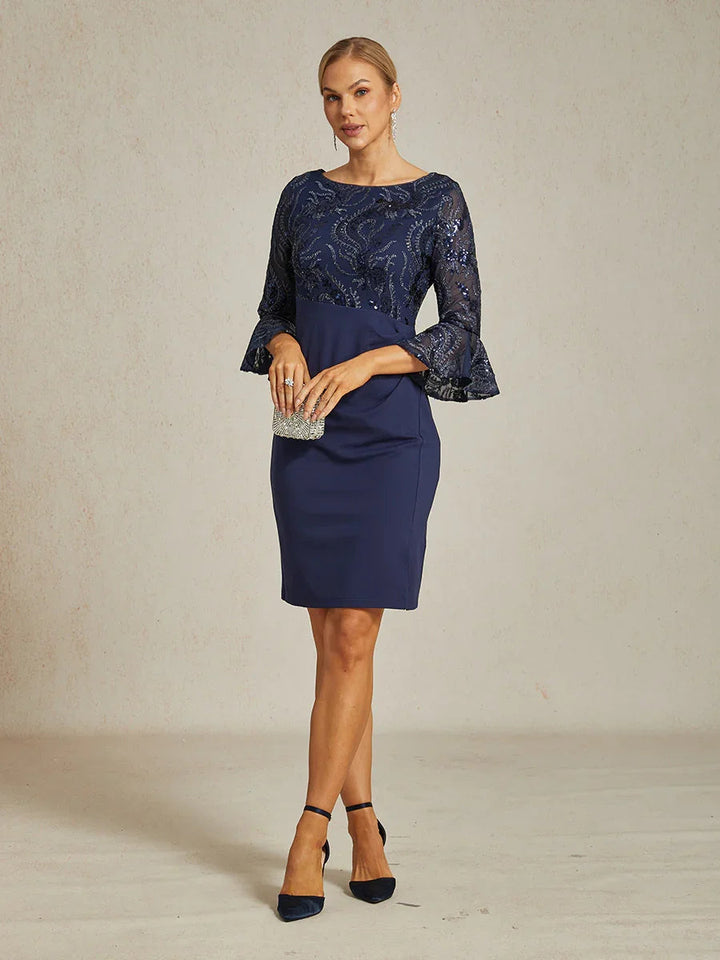 Embroidered Sequin Lace Cocktail Dress with Boat Neck and Flutter Sleeves