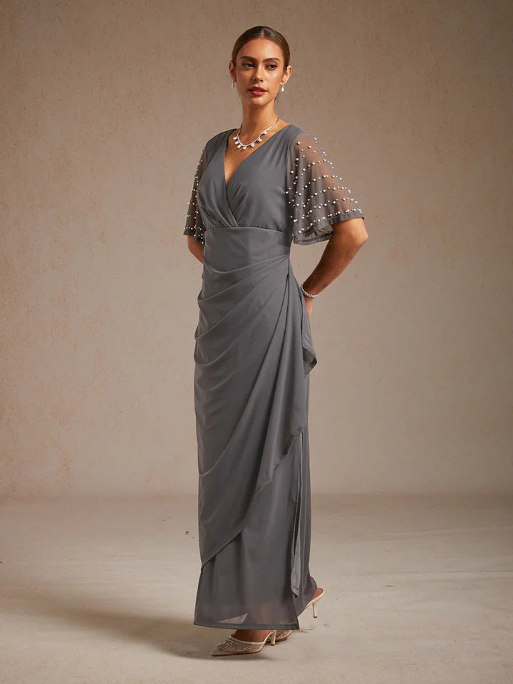 Elegant Formal Dress with Embellished Flutter Sleeves